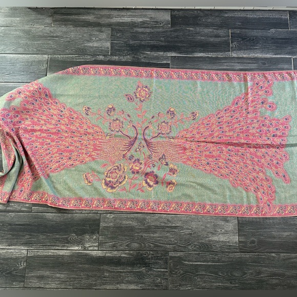 Peacock Reversible Pashmina Silk Large   Scarf Wrap Shawl Pink Mint - Picture 5 of 15
